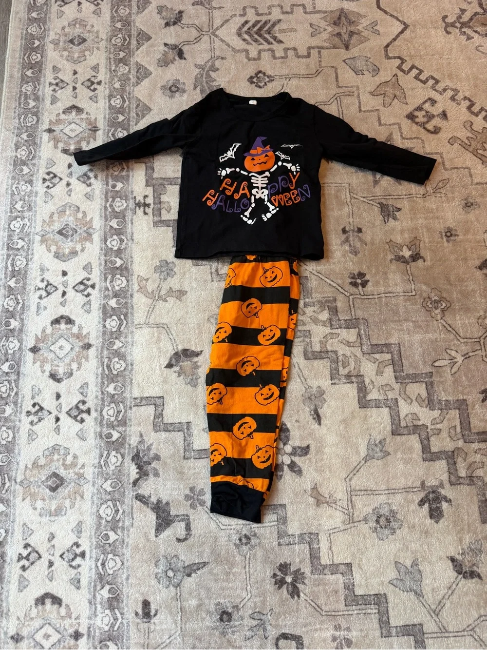 Kids Halloween Pumpkin Skeleton Pajama Costume Set - Black & Orange